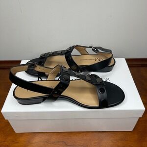 Neiman Marcus Bela Black Nappa Leather Studded T-Strap Slingback Sandals Women 7